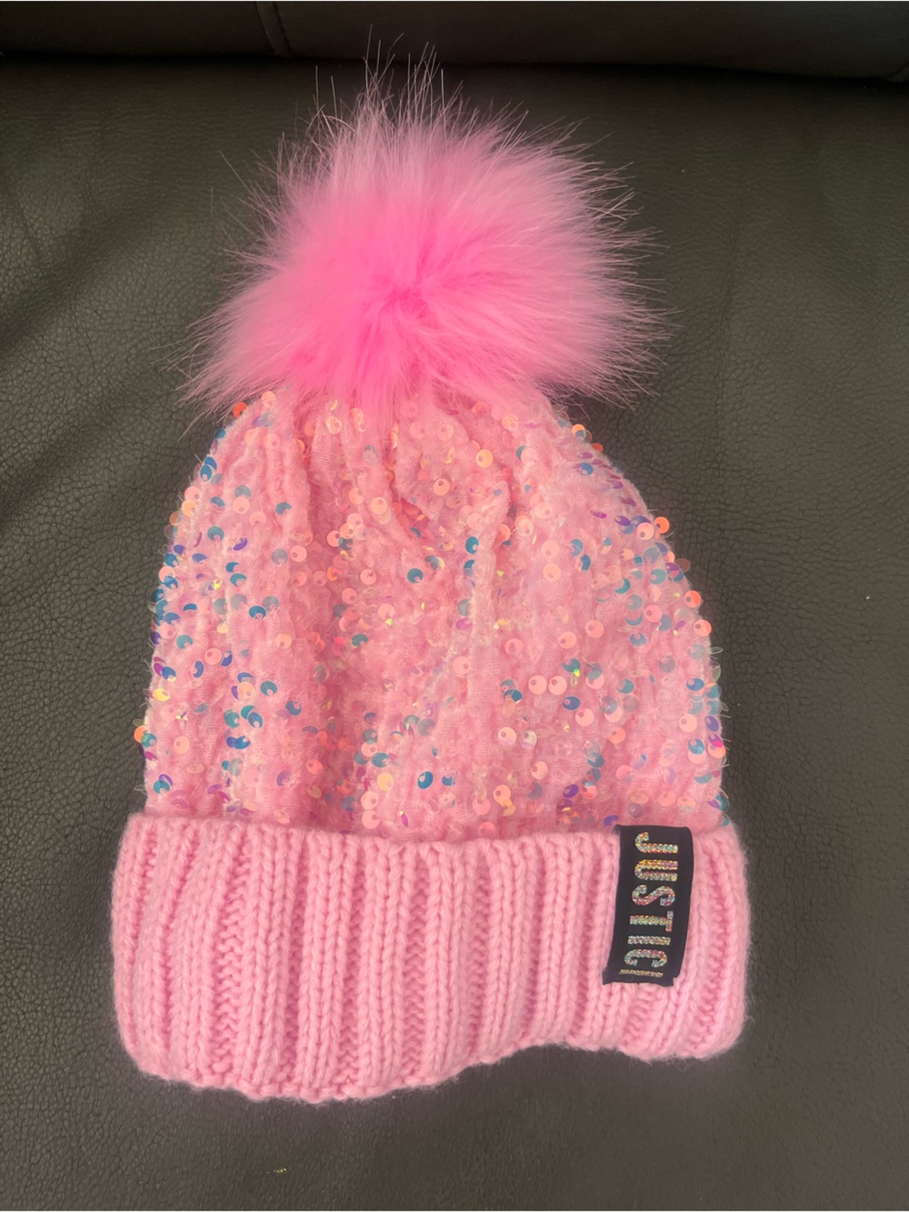 Pink Sequin Justice Pom Pom Beanie for Kids